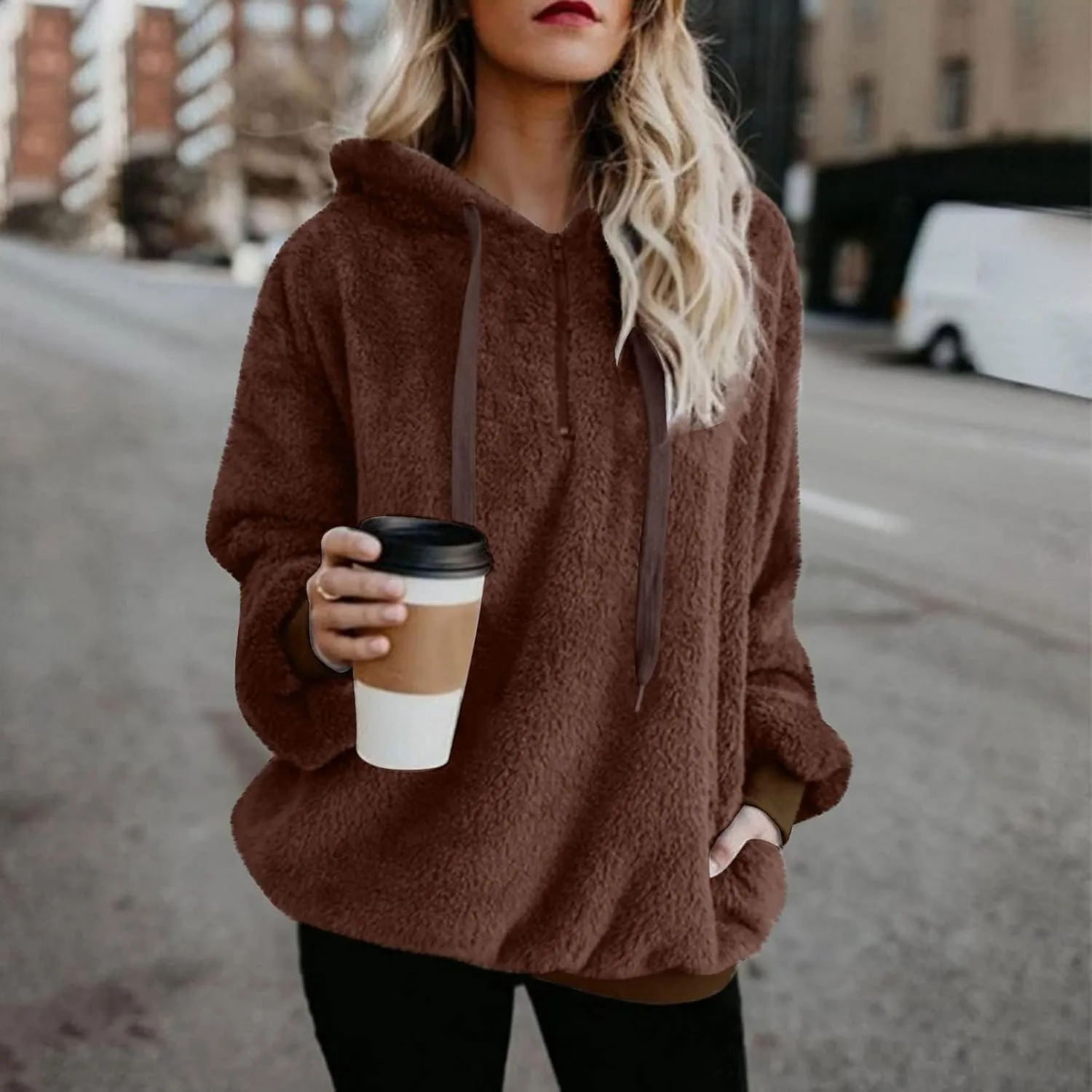 1/4 Zip Up Hoodie Women Fleece Sweatshirts Soft Fuzzy Jackets Sherpa Pullover Oversized Plain