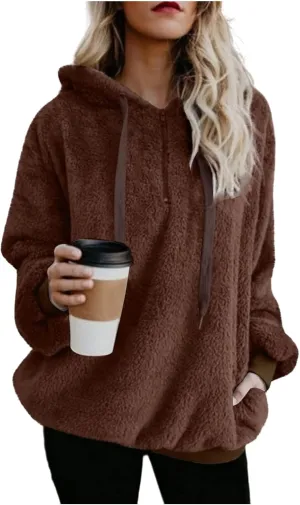 1/4 Zip Up Hoodie Women Fleece Sweatshirts Soft Fuzzy Jackets Sherpa Pullover Oversized Plain