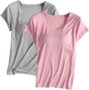 2-Pack Women's Built-in Bra T-Shirt Workout Yoga Tops Short Sleeve Crewneck Padded Soft Pajamas Comfy Athletic Shirts