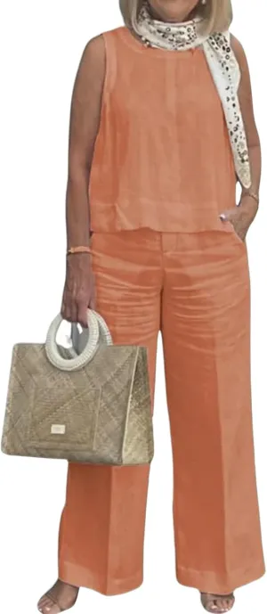 2 Piece Linen Set for Women Summer Elegant Outfits for Business Casual Crew Neck Tank Tops and Wide Leg Pants Formal