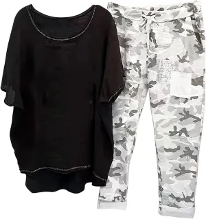 2 Piece Linen Sets for Women 2025 Resort Wear Oversized Crewneck Linen T Shirts Camouflage Print Sweatpants Pockets