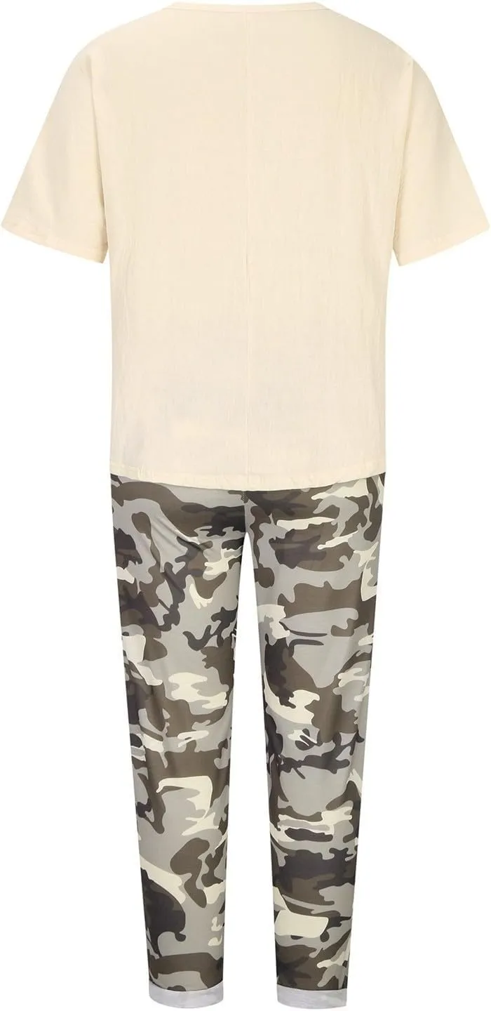2 Piece Linen Sets for Women 2025 Resort Wear Oversized Crewneck Linen T Shirts Camouflage Print Sweatpants Pockets