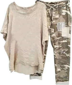 2 Piece Linen Sets for Women 2025 Resort Wear Oversized Crewneck Linen T Shirts Camouflage Print Sweatpants Pockets