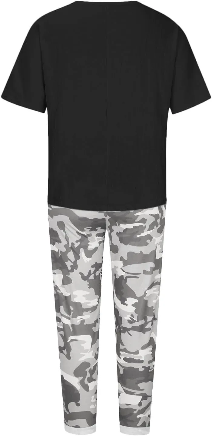 2 Piece Linen Sets for Women 2025 Resort Wear Oversized Crewneck Linen T Shirts Camouflage Print Sweatpants Pockets