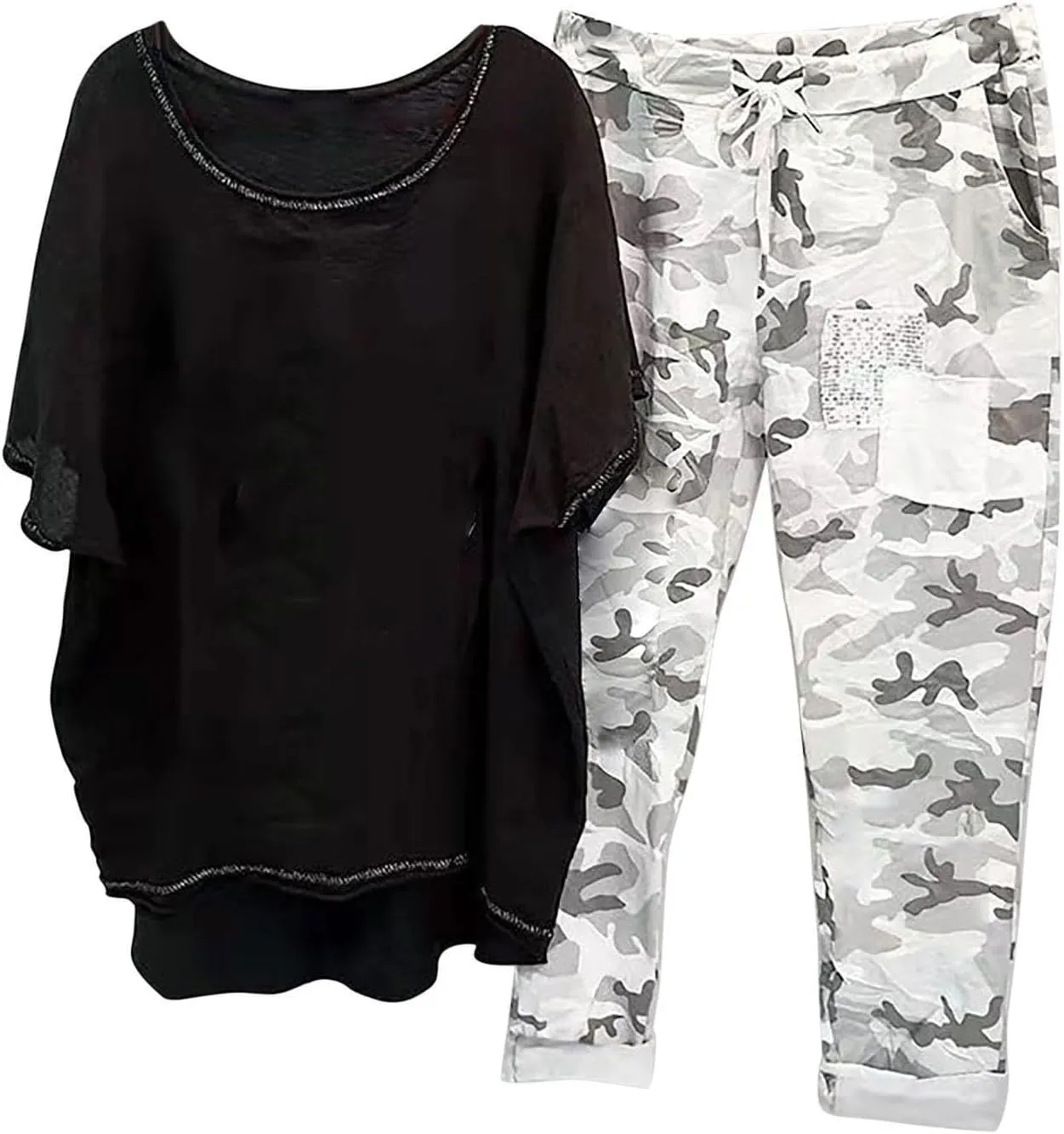 2 Piece Linen Sets for Women 2025 Resort Wear Oversized Crewneck Linen T Shirts Camouflage Print Sweatpants Pockets