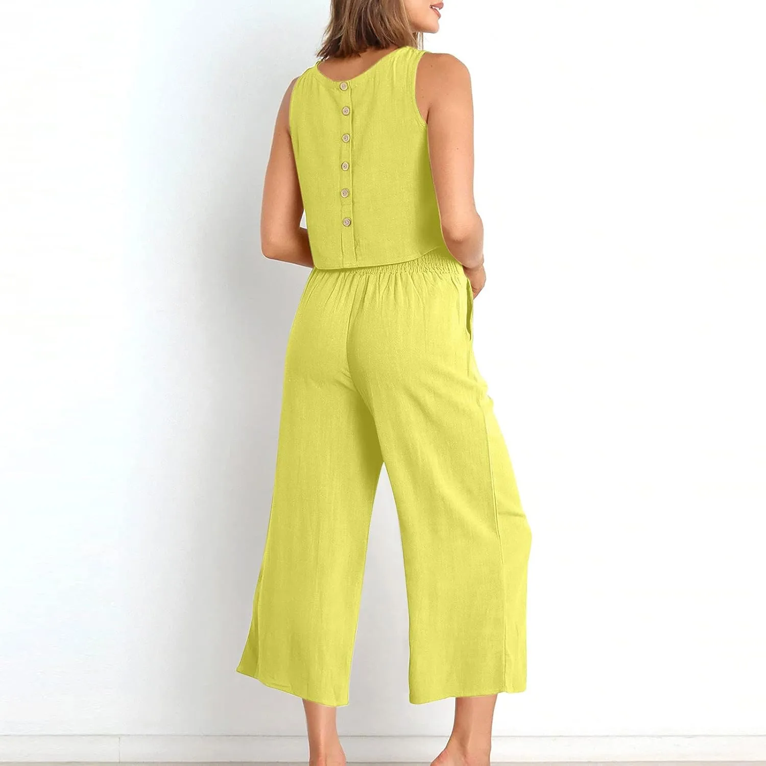 2 Piece Linen Sets for Women Tank Top Summer Casual Outfits Wide Leg Pants Matching Set Beach Vacation Clothes 2025
