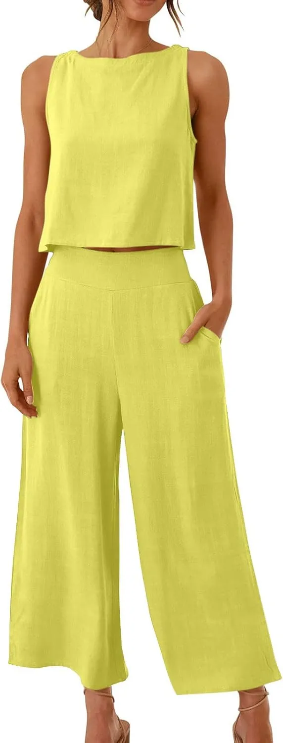 2 Piece Linen Sets for Women Tank Top Summer Casual Outfits Wide Leg Pants Matching Set Beach Vacation Clothes 2025