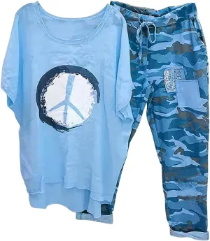 2 Piece Outfits for Women Cotton Linen Sets Plus Size Casual Loose Fit Tops Drawstring Camo Pants Tracksuit Set