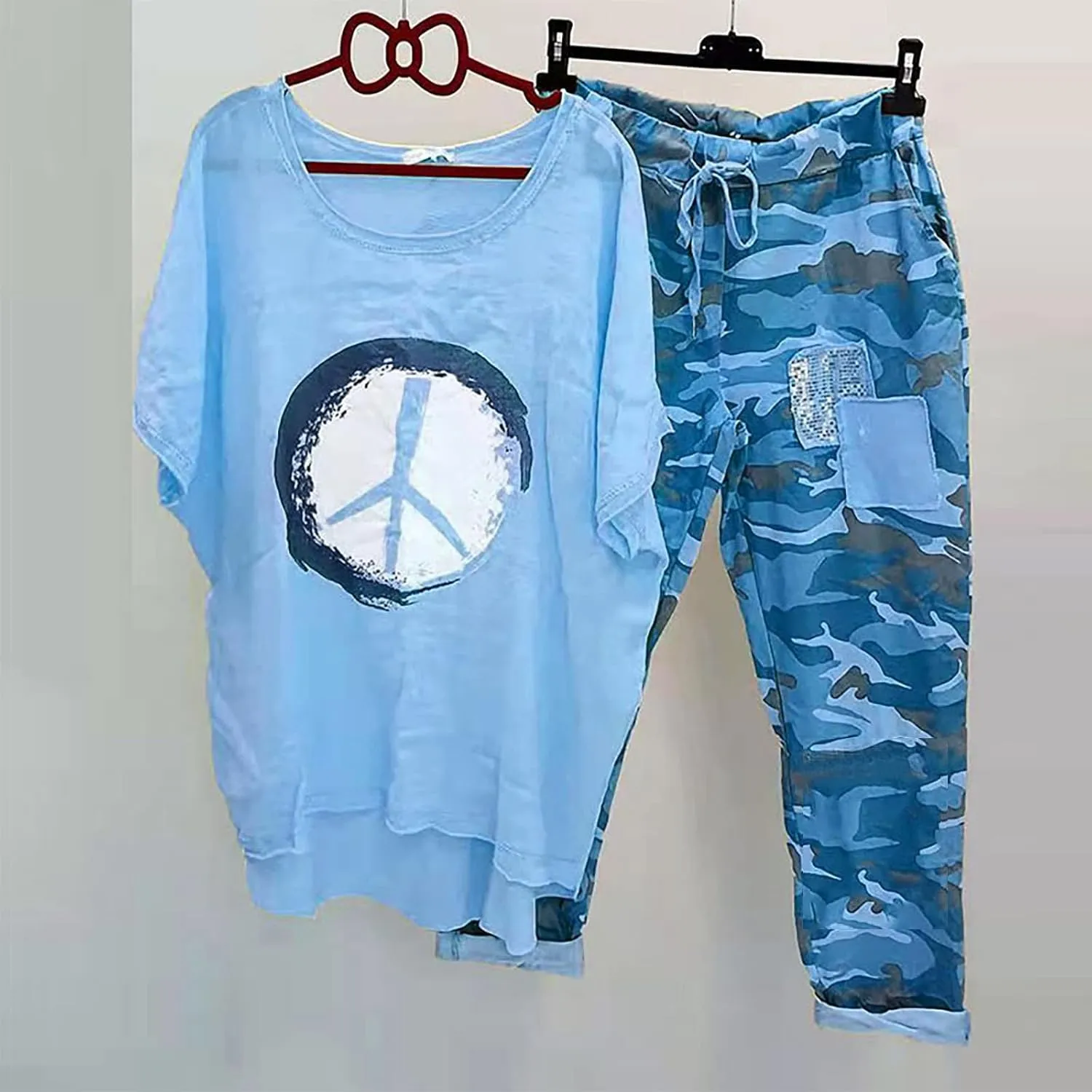 2 Piece Outfits for Women Cotton Linen Sets Plus Size Casual Loose Fit Tops Drawstring Camo Pants Tracksuit Set