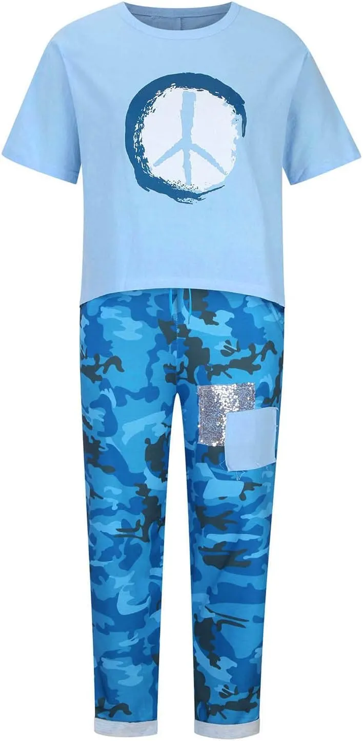 2 Piece Outfits for Women Cotton Linen Sets Plus Size Casual Loose Fit Tops Drawstring Camo Pants Tracksuit Set