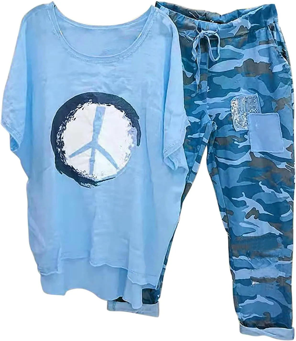 2 Piece Outfits for Women Cotton Linen Sets Plus Size Casual Loose Fit Tops Drawstring Camo Pants Tracksuit Set
