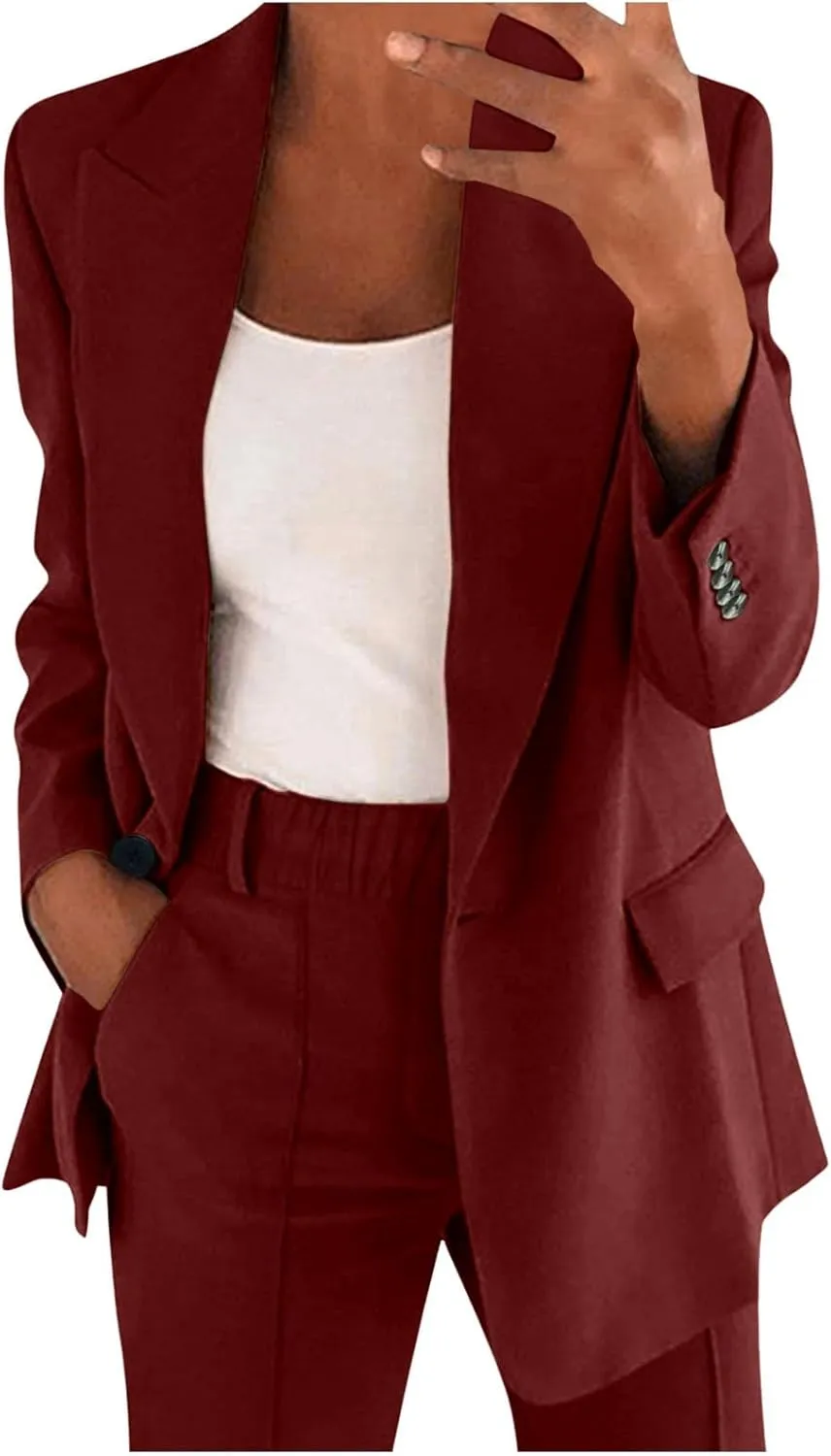 2 Piece Outfits for Women Dressy Blazer Jackets High Waisted Straight Leg Pants Suits Set Business Casual Office