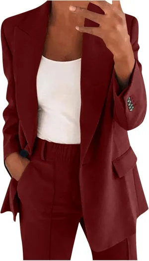 2 Piece Outfits for Women Dressy Blazer Jackets High Waisted Straight Leg Pants Suits Set Business Casual Office