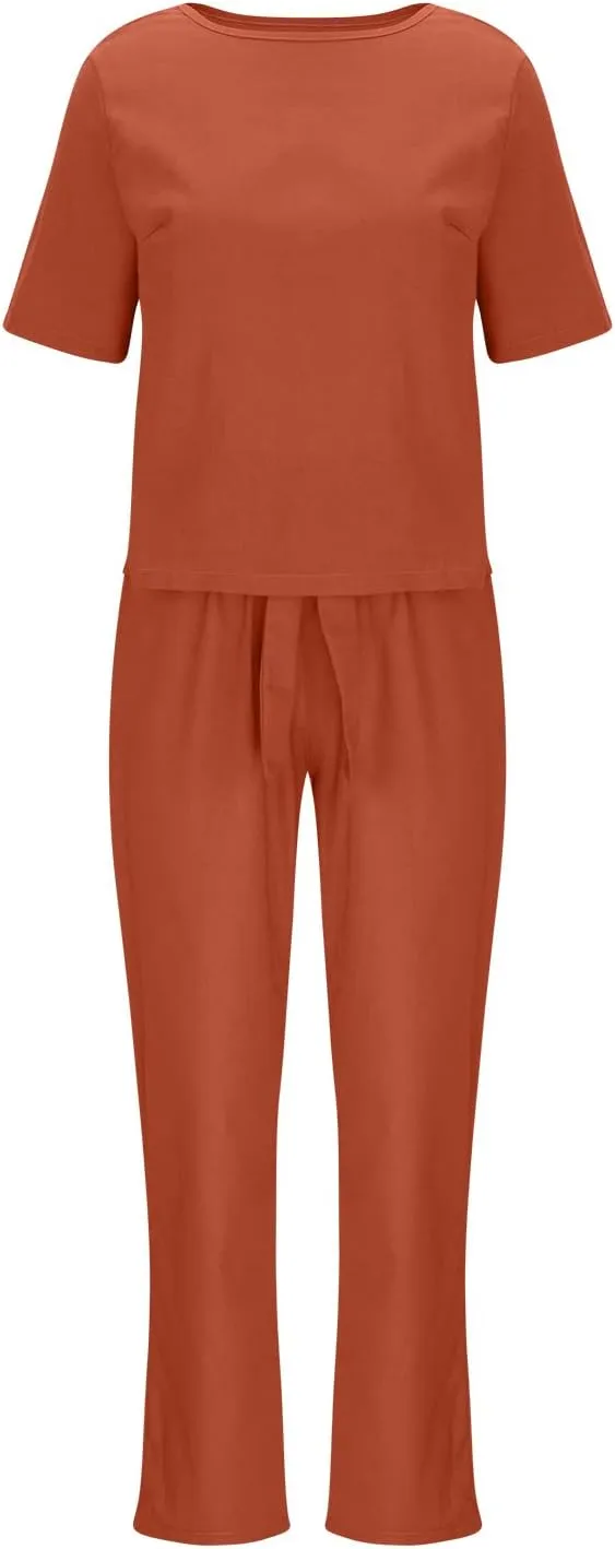 2 Piece Outfits for Women Summer Cotton Linen Casual Matching Set Short Sleeve T Shirts and Capri Pants with Pockets