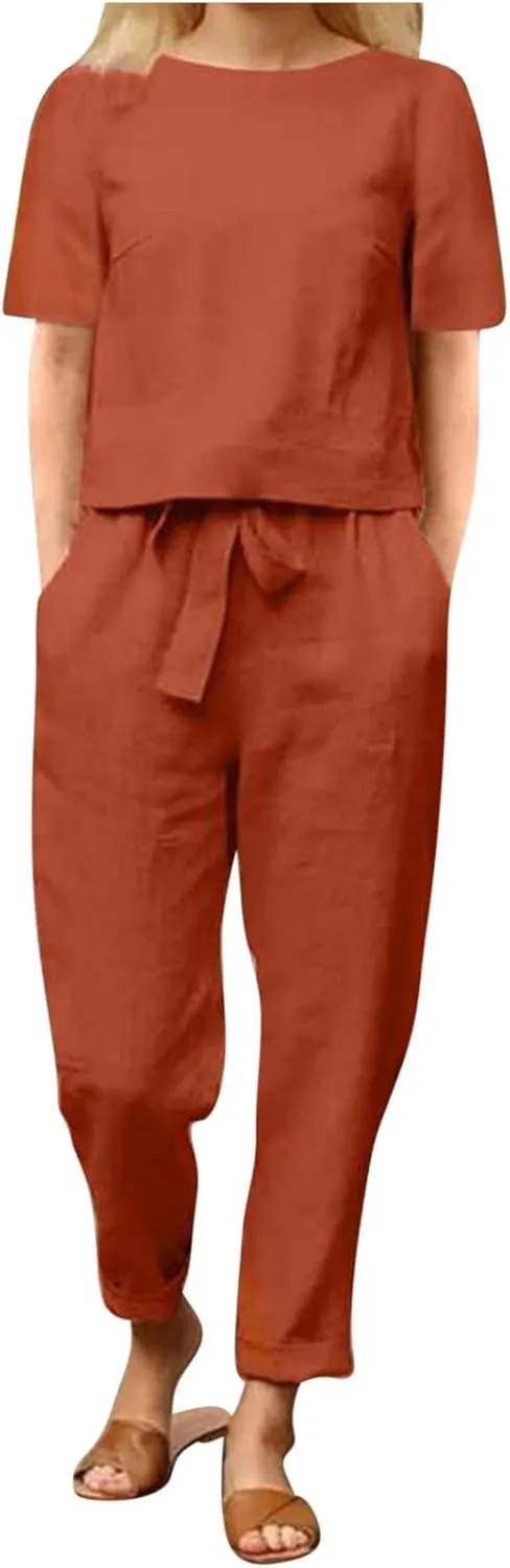 2 Piece Outfits for Women Summer Cotton Linen Casual Matching Set Short Sleeve T Shirts and Capri Pants with Pockets