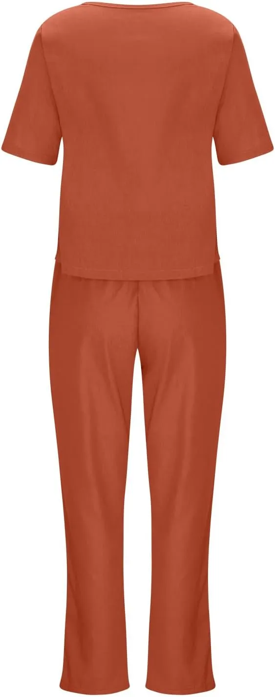 2 Piece Outfits for Women Summer Cotton Linen Casual Matching Set Short Sleeve T Shirts and Capri Pants with Pockets