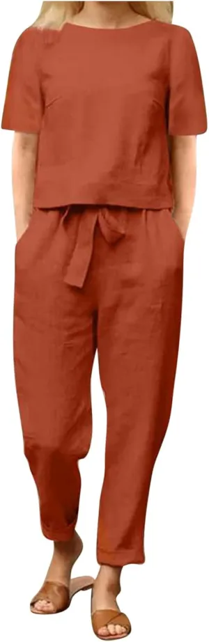 2 Piece Outfits for Women Summer Cotton Linen Casual Matching Set Short Sleeve T Shirts and Capri Pants with Pockets