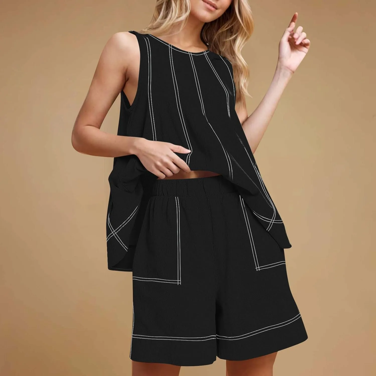 2 Piece Sets for Women Summer Trendy Solid Fashion Contrast Stitching Set Casual Loose Formal Outfits with Pockets