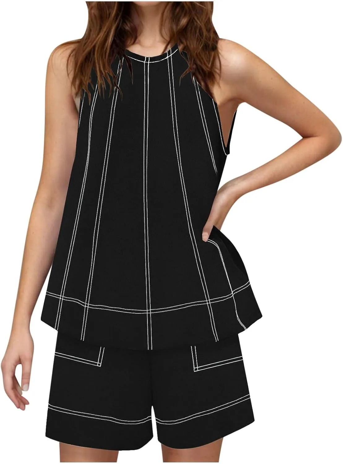 2 Piece Sets for Women Summer Trendy Solid Fashion Contrast Stitching Set Casual Loose Formal Outfits with Pockets