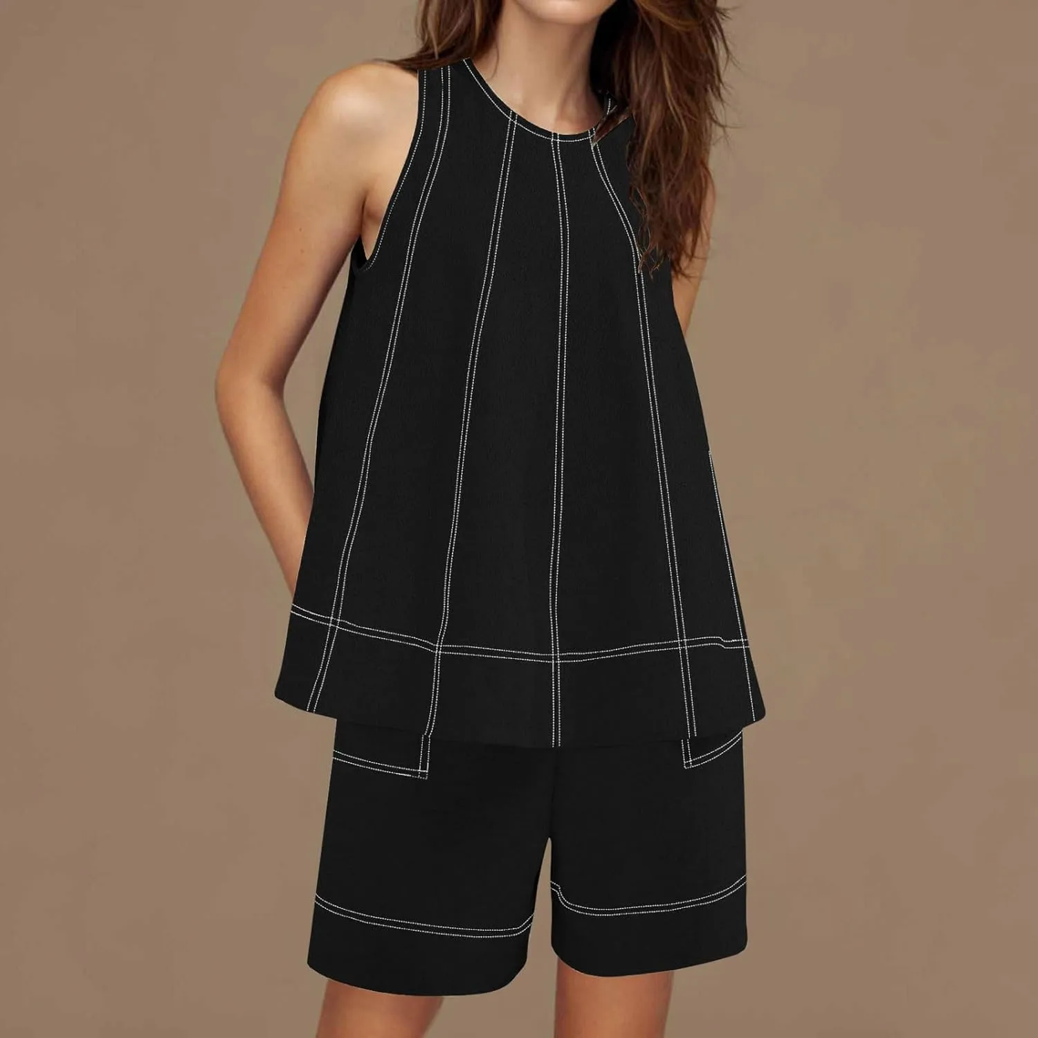 2 Piece Sets for Women Summer Trendy Solid Fashion Contrast Stitching Set Casual Loose Formal Outfits with Pockets