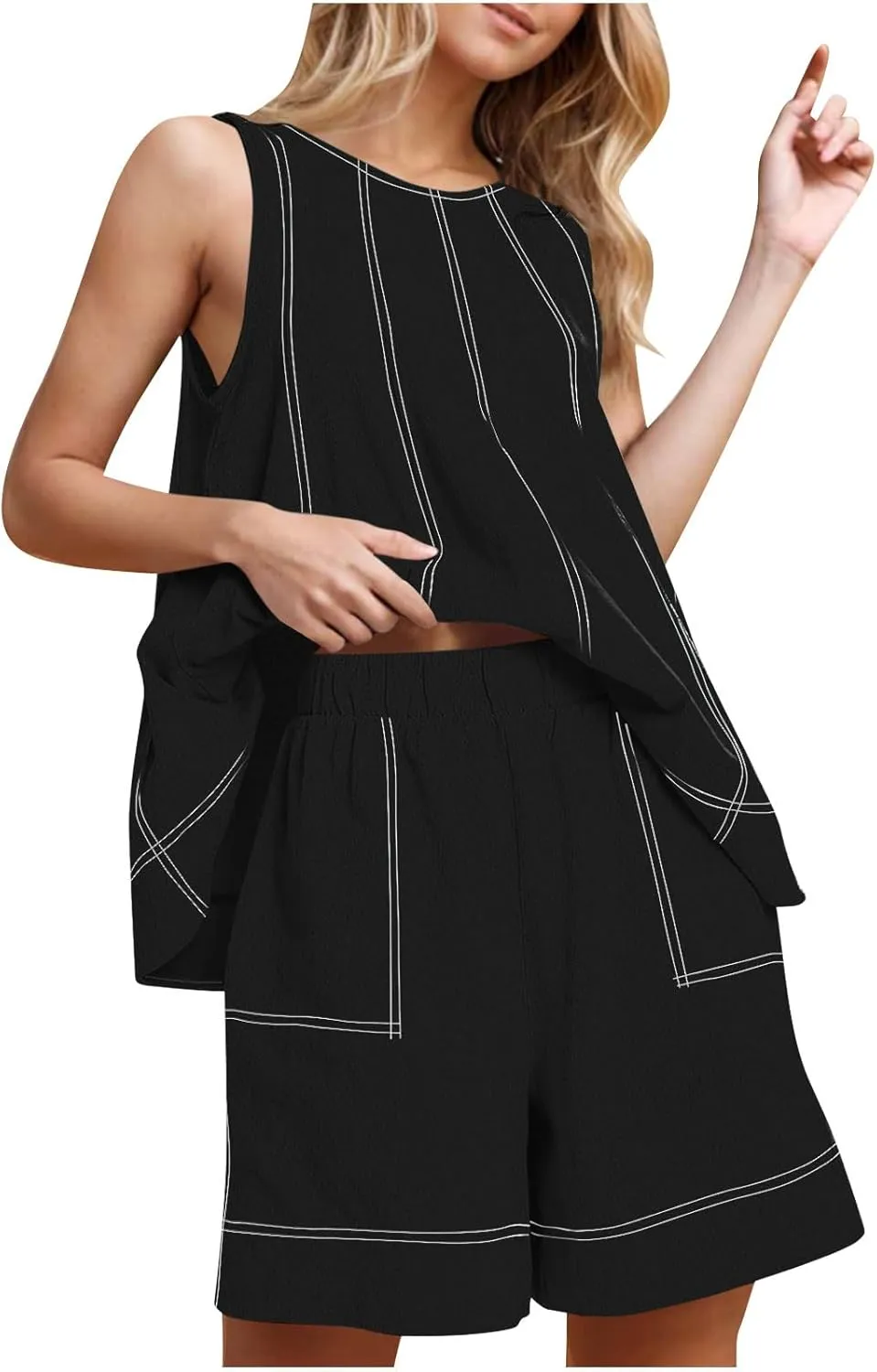 2 Piece Sets for Women Summer Trendy Solid Fashion Contrast Stitching Set Casual Loose Formal Outfits with Pockets