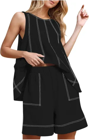 2 Piece Sets for Women Summer Trendy Solid Fashion Contrast Stitching Set Casual Loose Formal Outfits with Pockets