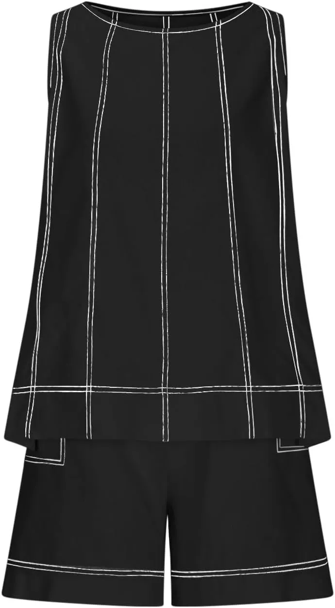 2 Piece Sets for Women Summer Trendy Solid Fashion Contrast Stitching Set Casual Loose Formal Outfits with Pockets