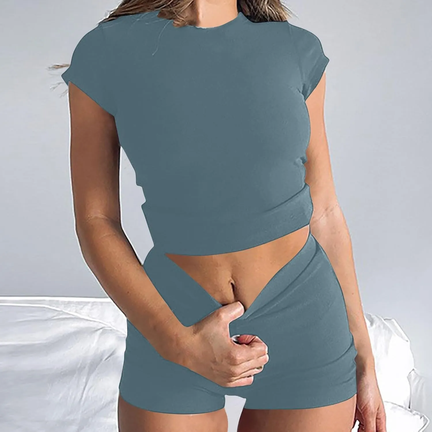 2 Piece Sets for Women Workout Sets Slim Fit Short Sleeve Tops and Shorts Summer Lounge Sets Matching Sets