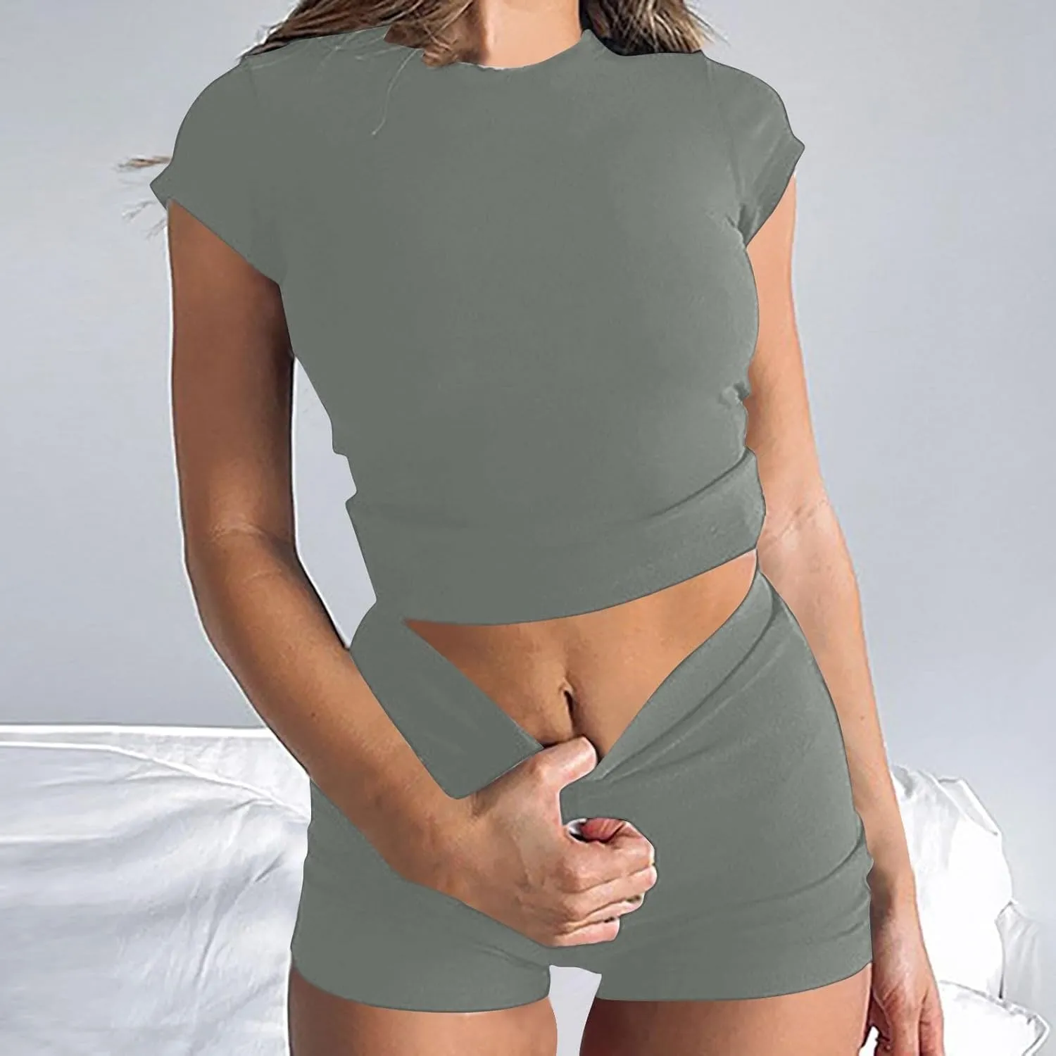 2 Piece Sets for Women Workout Sets Slim Fit Short Sleeve Tops and Shorts Summer Lounge Sets Matching Sets