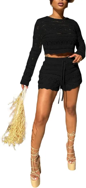 2 Piece Short Sets for Women Crochet Sheer Knit Sets Long Sleeve Crop Top and Short Lounge Sets