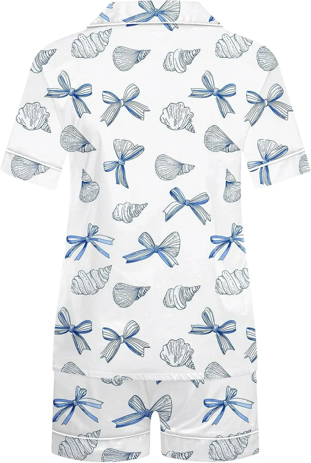 2 Piece Summer Womens Cute Bow Print Pajama Sets Loose Short Sleeve Button Down Shirt with Shorts Sleepwear Lounge Pjs Set