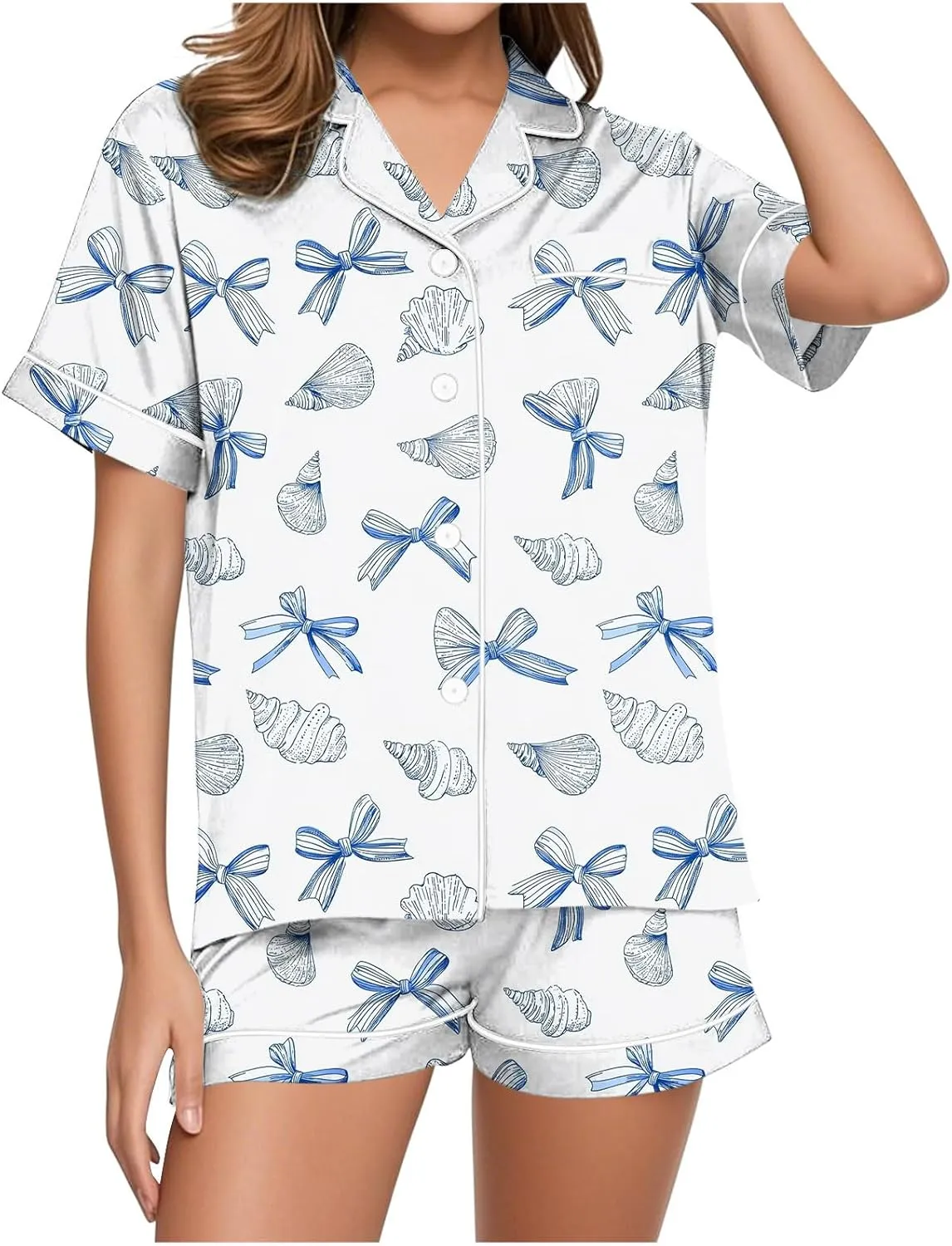 2 Piece Summer Womens Cute Bow Print Pajama Sets Loose Short Sleeve Button Down Shirt with Shorts Sleepwear Lounge Pjs Set