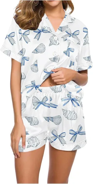 2 Piece Summer Womens Cute Bow Print Pajama Sets Loose Short Sleeve Button Down Shirt with Shorts Sleepwear Lounge Pjs Set