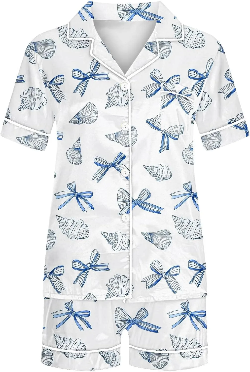 2 Piece Summer Womens Cute Bow Print Pajama Sets Loose Short Sleeve Button Down Shirt with Shorts Sleepwear Lounge Pjs Set