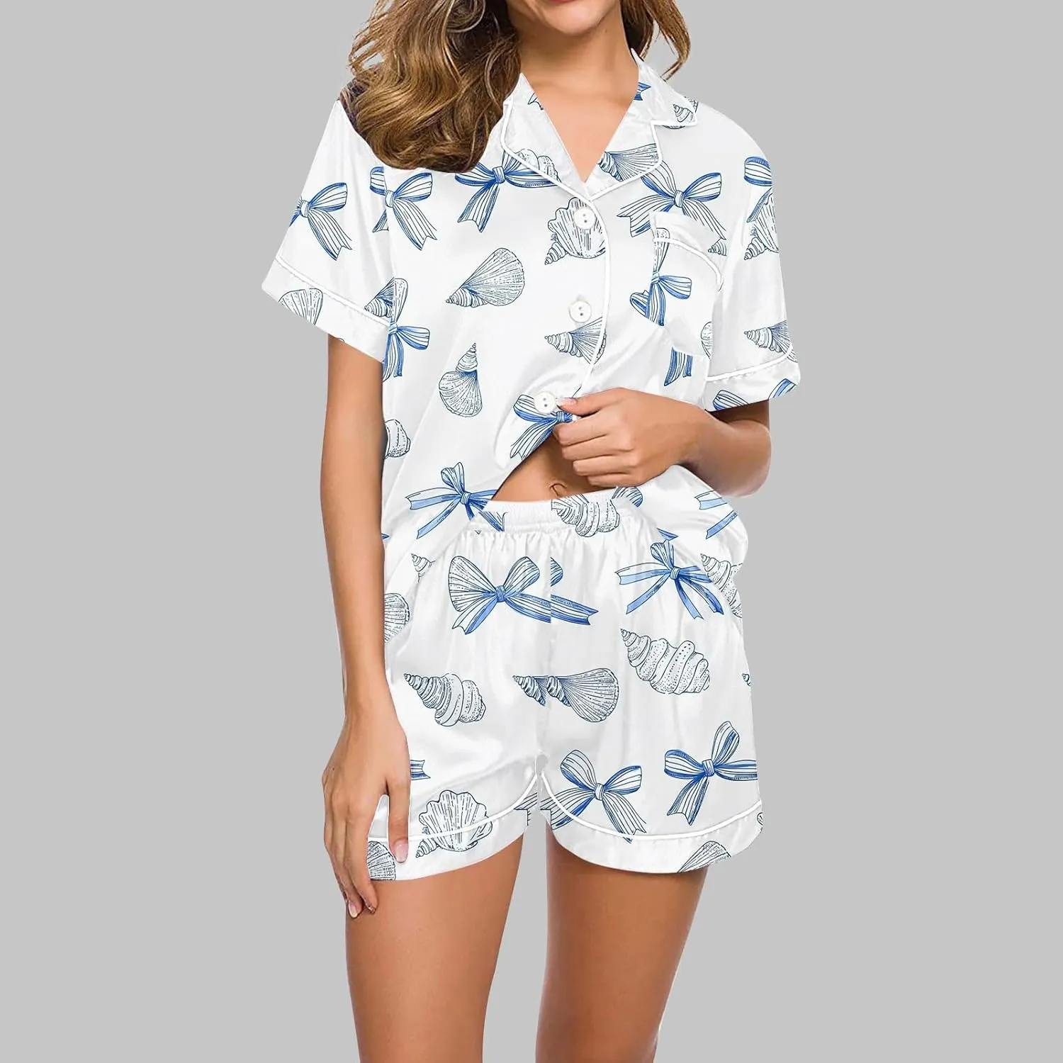 2 Piece Summer Womens Cute Bow Print Pajama Sets Loose Short Sleeve Button Down Shirt with Shorts Sleepwear Lounge Pjs Set