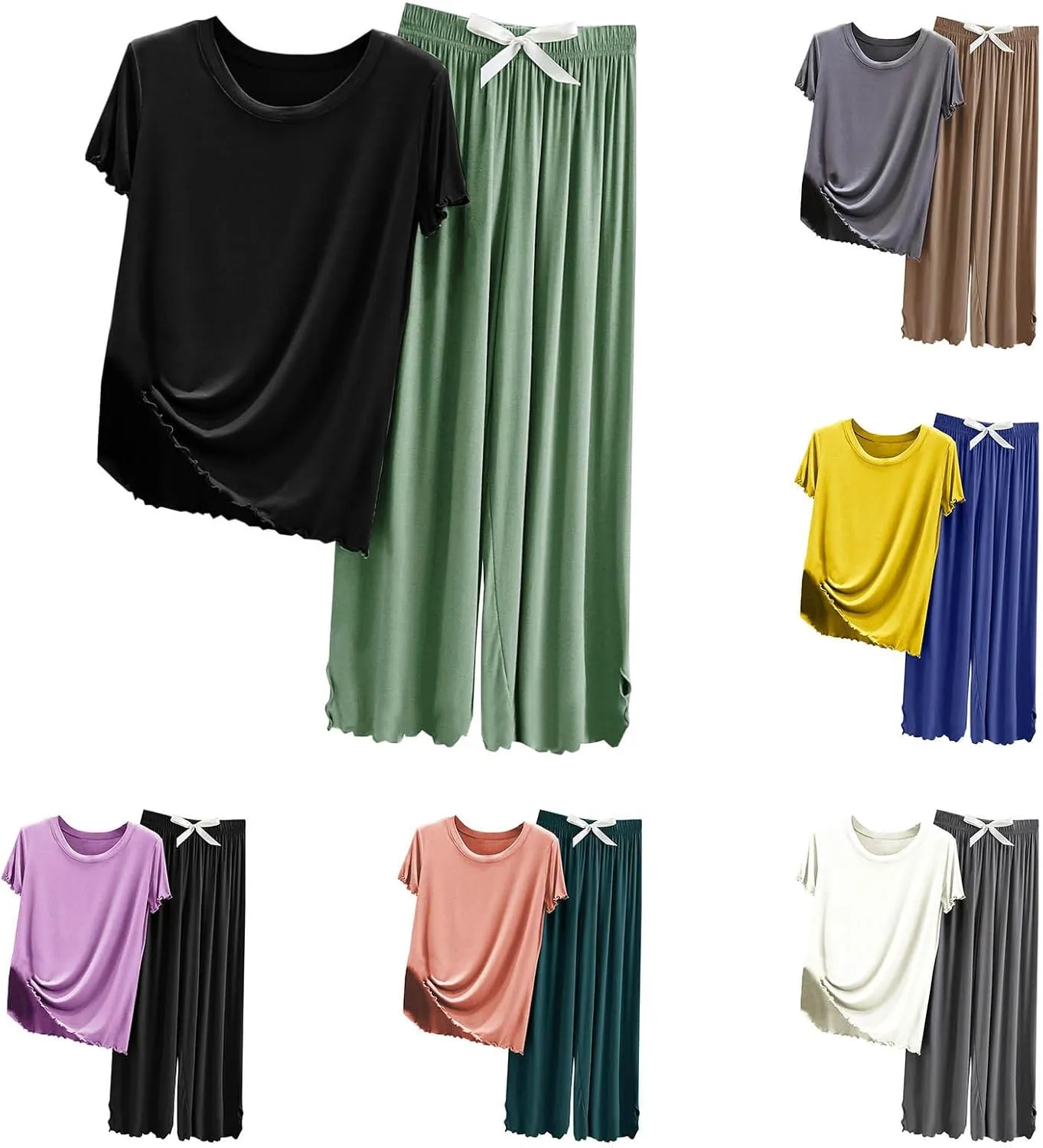 2 Piece Women's Modal Pajama Sets Loose Short Sleeve Crewneck Top with Wide Leg Pants Comfy Sleepwear Summer Pjs Lounge Set