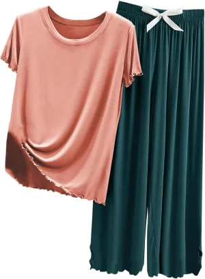 2 Piece Women's Modal Pajama Sets Loose Short Sleeve Crewneck Top with Wide Leg Pants Comfy Sleepwear Summer Pjs Lounge Set