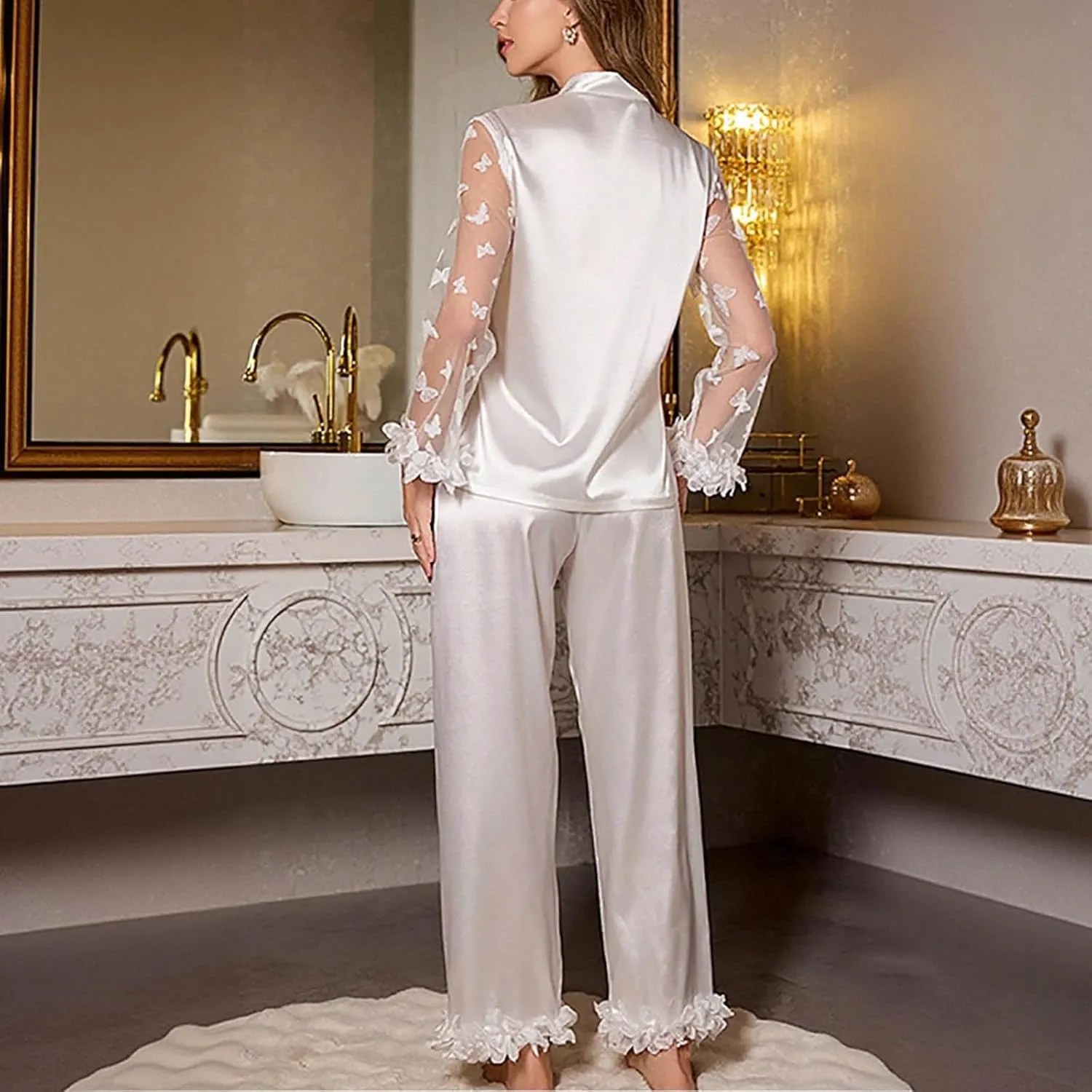 2 Piece Women's Satin Silk Pajama Sets Butterfly Embroidered Long Sleeve Sleepwear Button Down Loose Summer Pjs Lounge Set