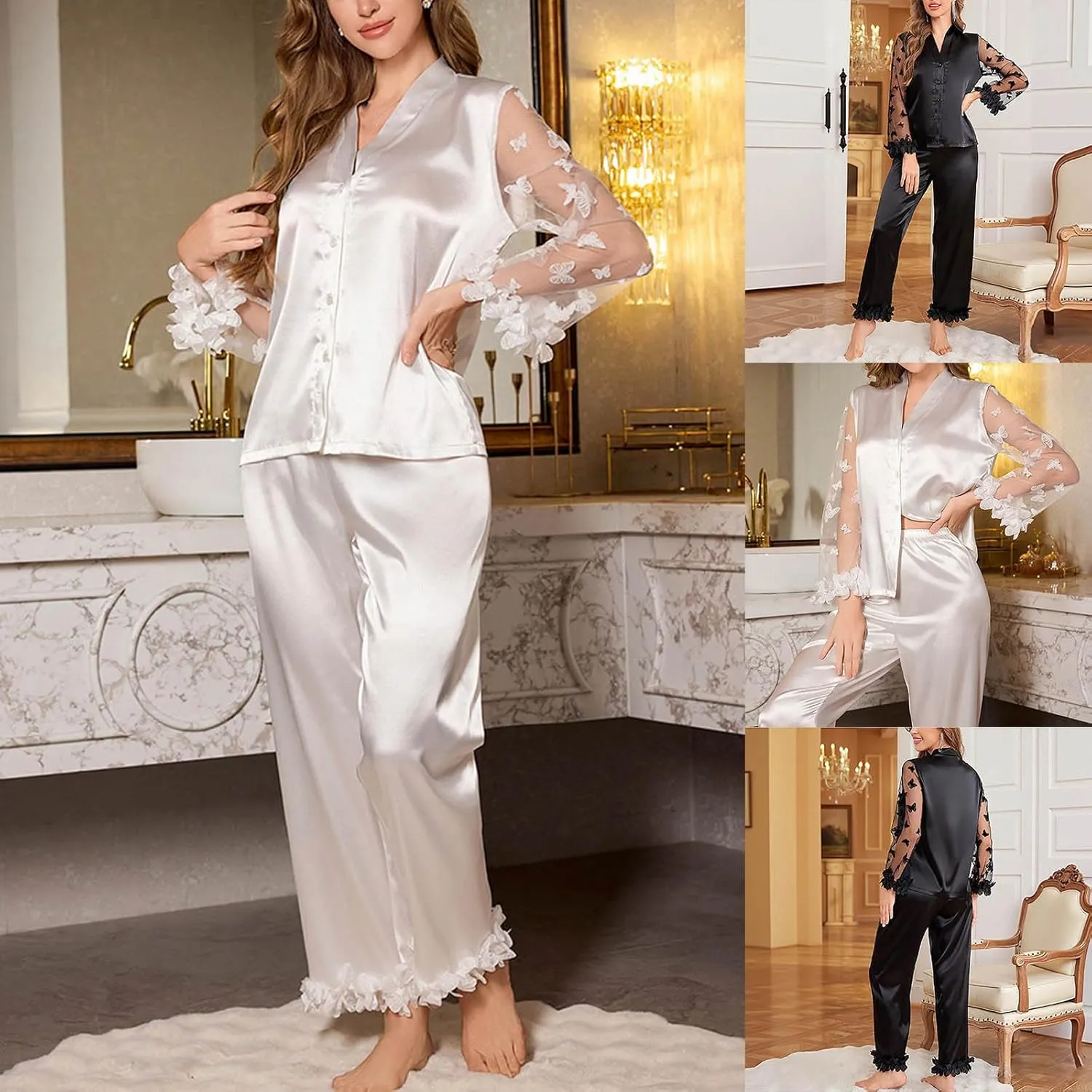 2 Piece Women's Satin Silk Pajama Sets Butterfly Embroidered Long Sleeve Sleepwear Button Down Loose Summer Pjs Lounge Set