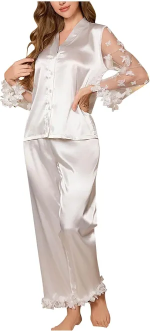 2 Piece Women's Satin Silk Pajama Sets Butterfly Embroidered Long Sleeve Sleepwear Button Down Loose Summer Pjs Lounge Set