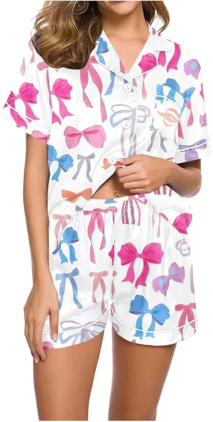 2 Piece Women's Silk Satin Pajama Sets Cute Bow Print Short Sleeve Sleepwear Button Down Summer Loose Shorts Pjs Lounge Set