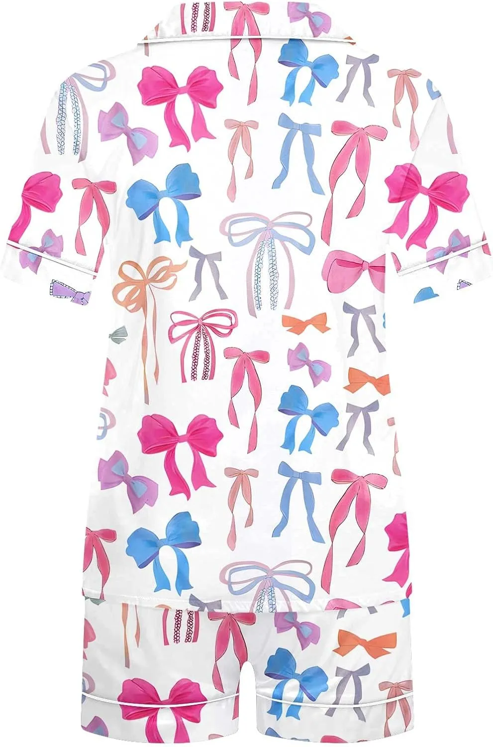 2 Piece Women's Silk Satin Pajama Sets Cute Bow Print Short Sleeve Sleepwear Button Down Summer Loose Shorts Pjs Lounge Set