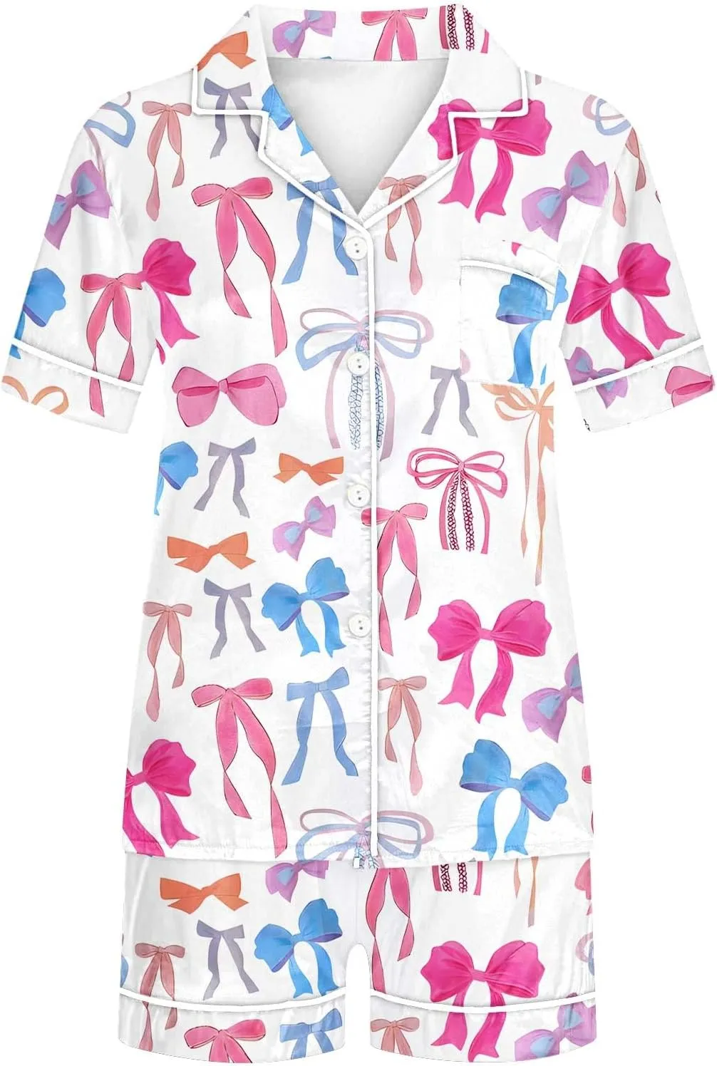 2 Piece Women's Silk Satin Pajama Sets Cute Bow Print Short Sleeve Sleepwear Button Down Summer Loose Shorts Pjs Lounge Set
