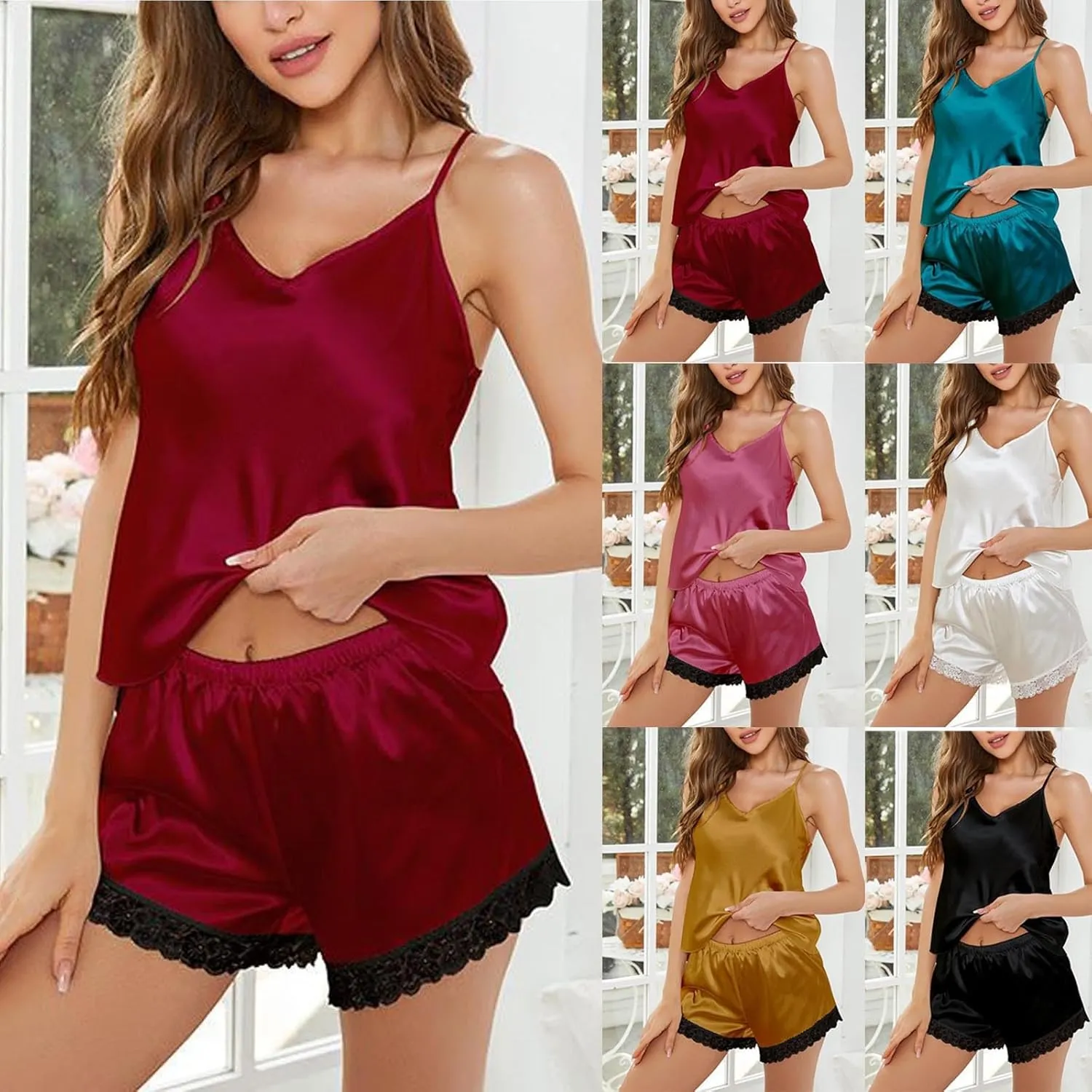 2 Piece Women's Silk Satin Pajama Sets Lace Trim V Neck Camisole Sleepwear Cute Ruffle Shorts Summer Pjs Lounge Set