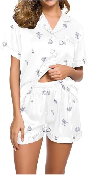 2 Piece Women's Silk Satin Shells Print Pajama Sets Short Sleeve Loose Button Down Sleepwear Shorts Summer Pjs Lounge Set