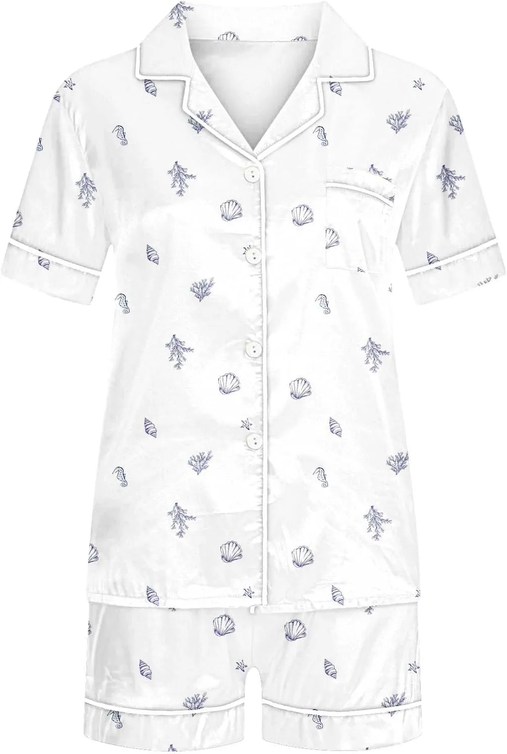 2 Piece Women's Silk Satin Shells Print Pajama Sets Short Sleeve Loose Button Down Sleepwear Shorts Summer Pjs Lounge Set