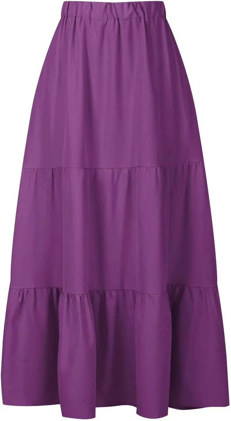 2024 Boho Maxi Skirts for Women Hight Waisted Pleated Ruffle Swing Skirts with Pockets Summer Beach Vacation Clothes