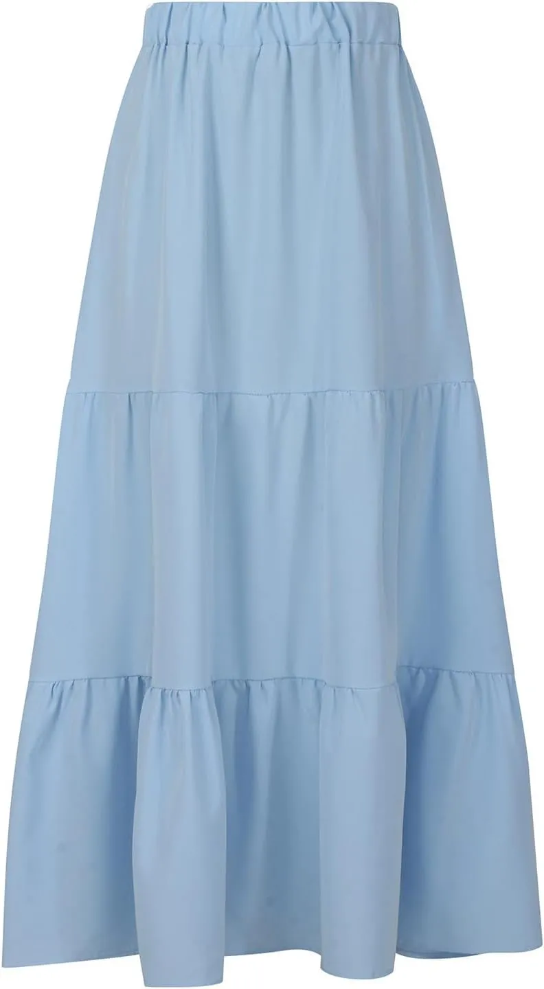 2024 Boho Maxi Skirts for Women Hight Waisted Pleated Ruffle Swing Skirts with Pockets Summer Beach Vacation Clothes
