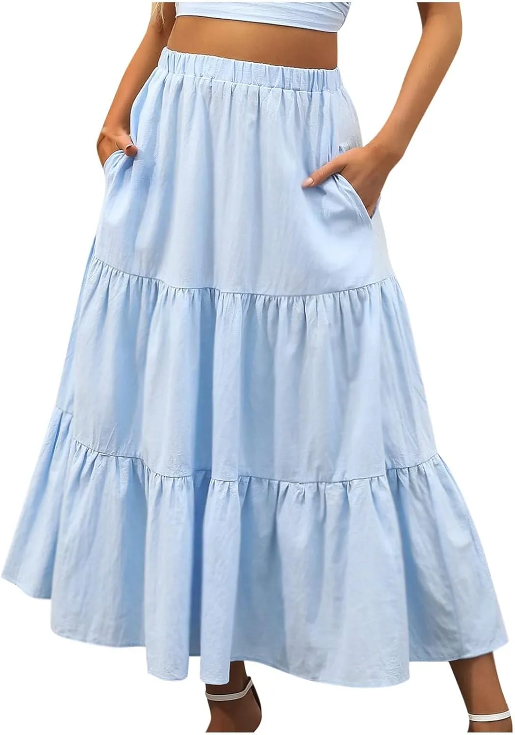 2024 Boho Maxi Skirts for Women Hight Waisted Pleated Ruffle Swing Skirts with Pockets Summer Beach Vacation Clothes