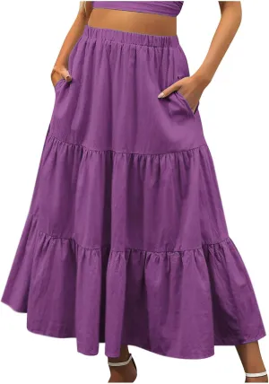 2024 Boho Maxi Skirts for Women Hight Waisted Pleated Ruffle Swing Skirts with Pockets Summer Beach Vacation Clothes